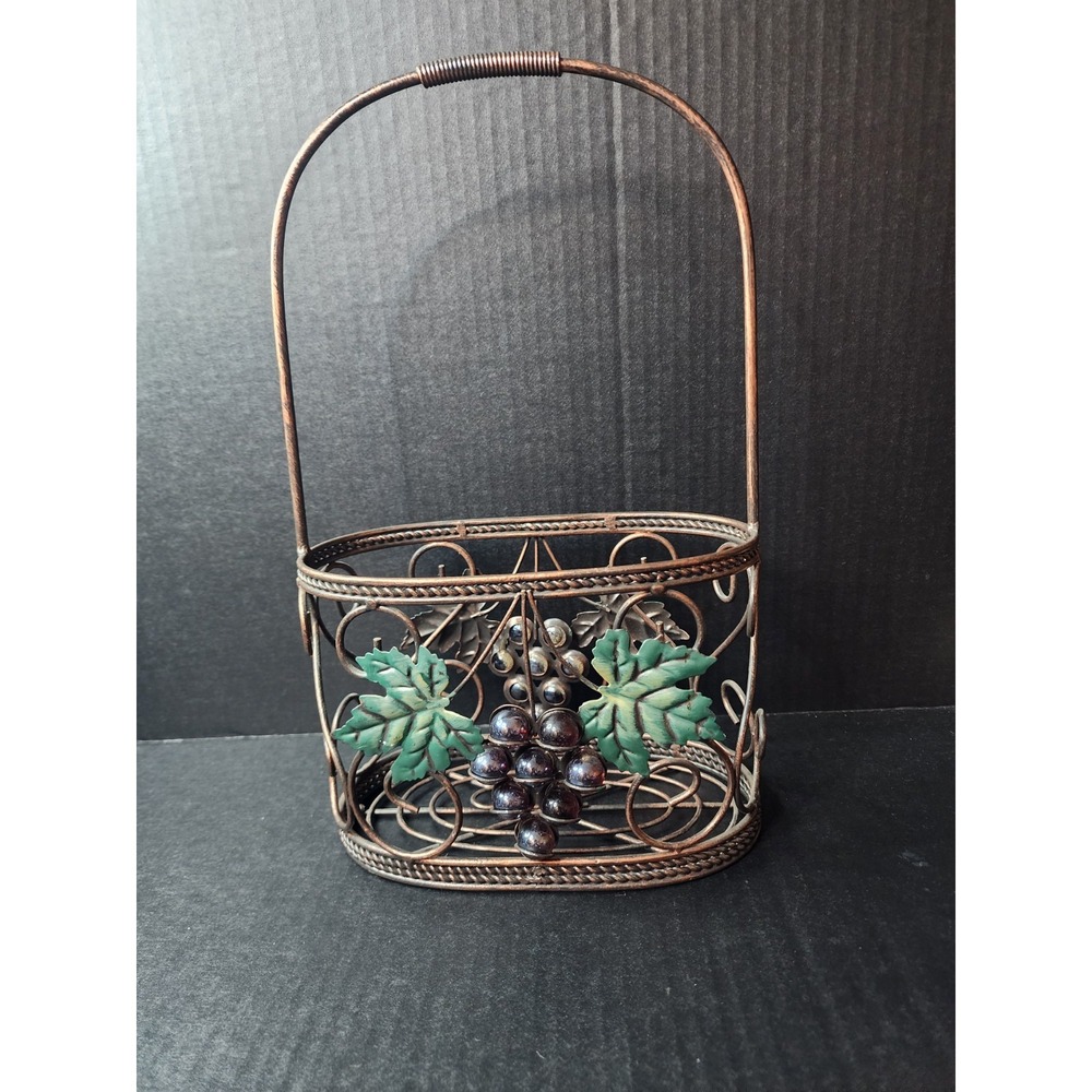 Decorative Wire Basket Leaves & Grapes 8.5" x 6" x 8.5 Deep Weave Btm Metal